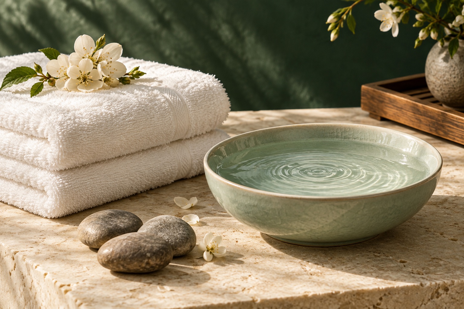 AI 場景示意：清水、白花、毛巾與石材組成的寧靜 SPA 靜物